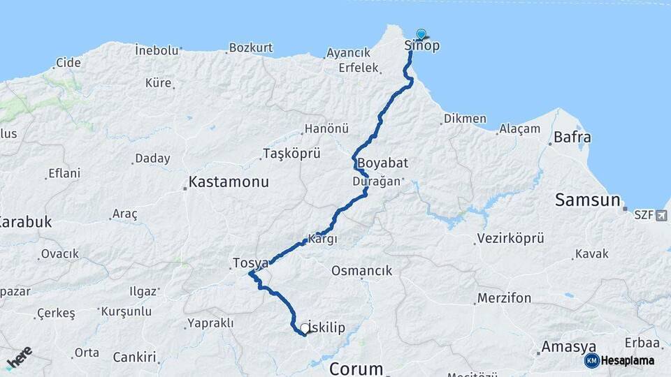 Sinop İskilip Çorum Arası Kaç Km - Yol Haritası