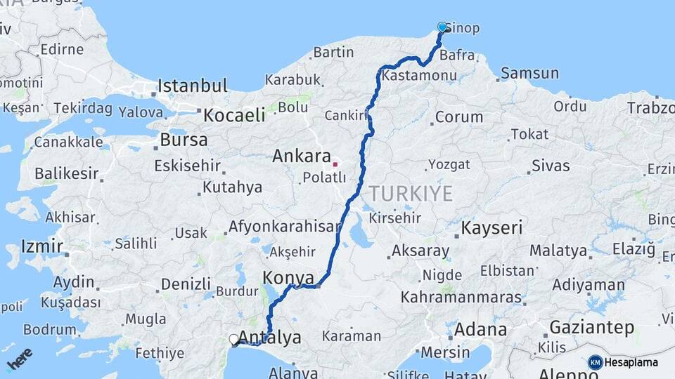 Sinop Kabalı Arası Kaç Km - Yol Haritası