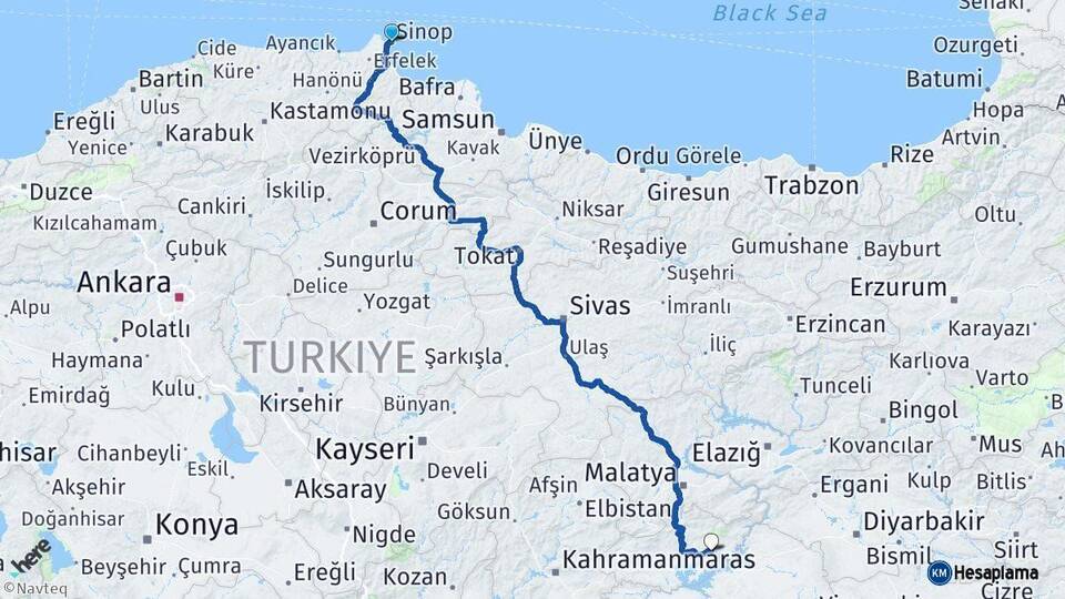 Sinop Kahta Adıyaman Arası Kaç Km - Yol Haritası