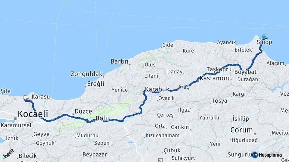 Sinop Kandıra Kocaeli Arası Kaç Km - Yol Haritası