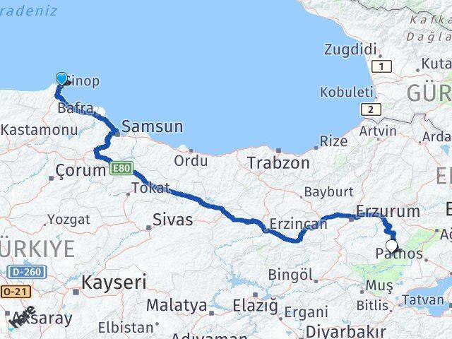 Sinop Karaçoban Erzurum Arası Kaç Km - Yol Haritası