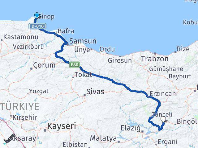 Sinop Karakoçan Elazığ Arası Kaç Km - Yol Haritası