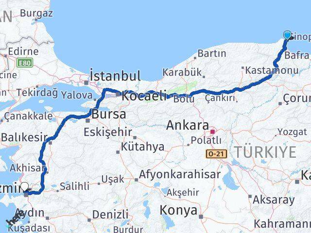 Sinop Karşıyaka İzmir Arası Kaç Km - Yol Haritası