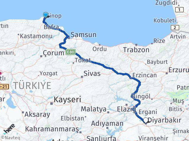 Sinop Kayapınar Diyarbakır Arası Kaç Km - Yol Haritası