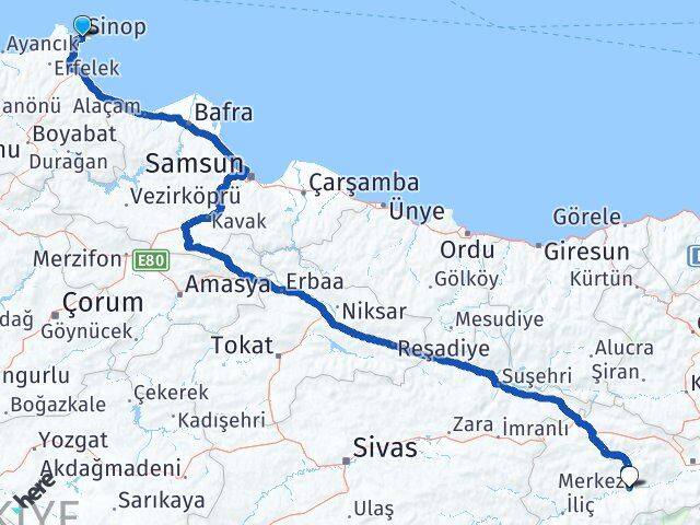 Sinop Kemah Erzincan Arası Kaç Km - Yol Haritası