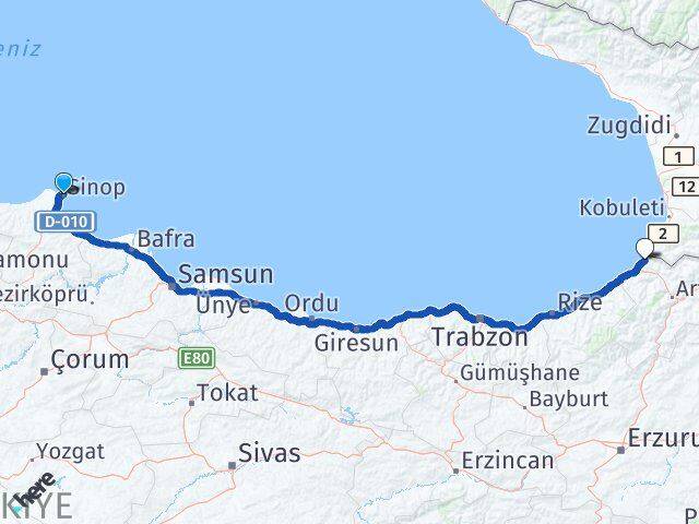 Sinop Kemalpaşa Artvin Arası Kaç Km - Yol Haritası