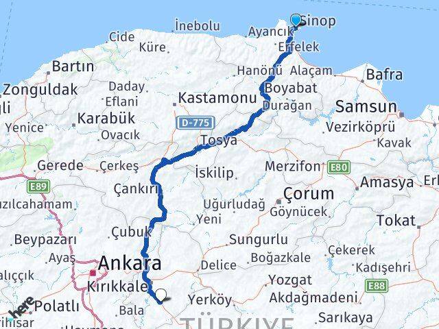 Sinop Keskin Kırıkkale Arası Kaç Km - Yol Haritası