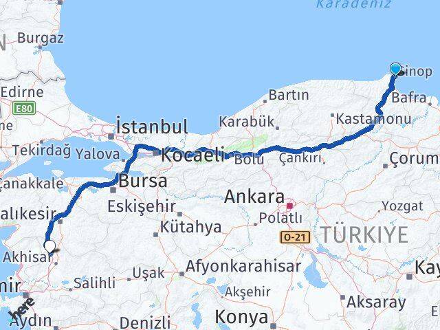 Sinop Kırkağaç Manisa Arası Kaç Km - Yol Haritası