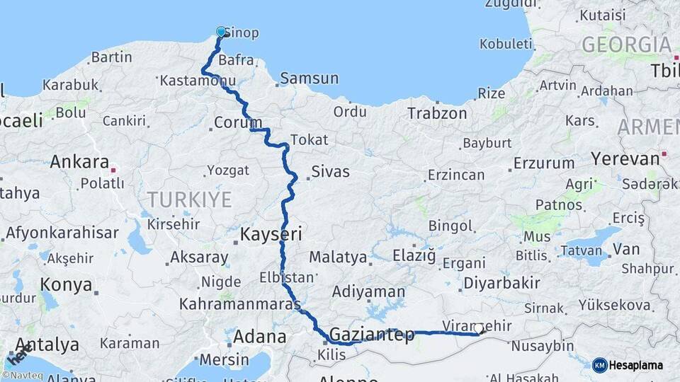Sinop Kızıltepe Mardin Arası Kaç Km - Yol Haritası
