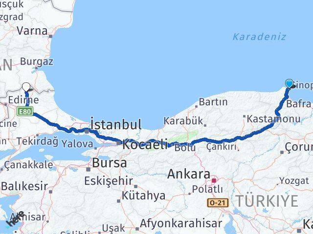 Sinop Kofçaz Kırklareli Arası Kaç Km - Yol Haritası