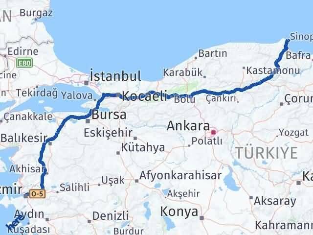 Sinop Konak İzmir Arası Kaç Km - Yol Haritası