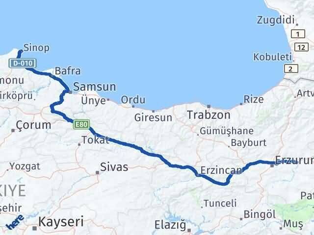 Sinop Köprüköy Erzurum Arası Kaç Km - Yol Haritası