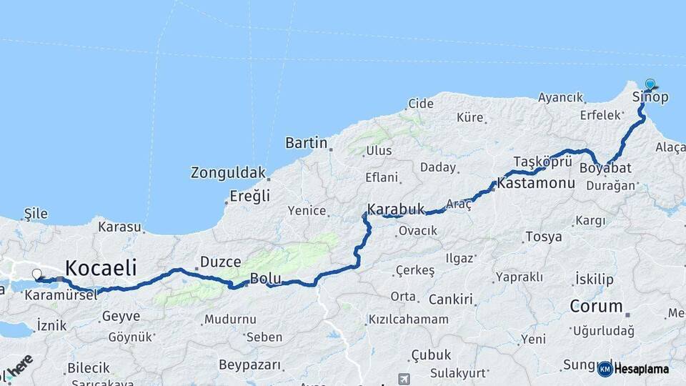 Sinop Körfez Kocaeli Arası Kaç Km - Yol Haritası