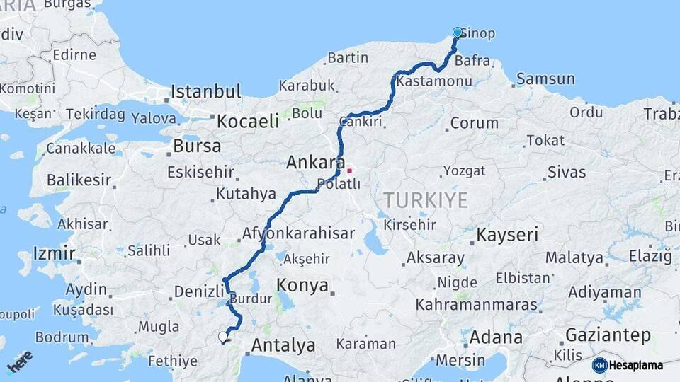 Sinop Korkuteli Antalya Arası Kaç Km - Yol Haritası