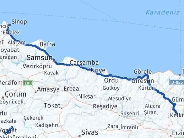 Sinop Köse Gümüşhane Arası Kaç Km - Yol Haritası
