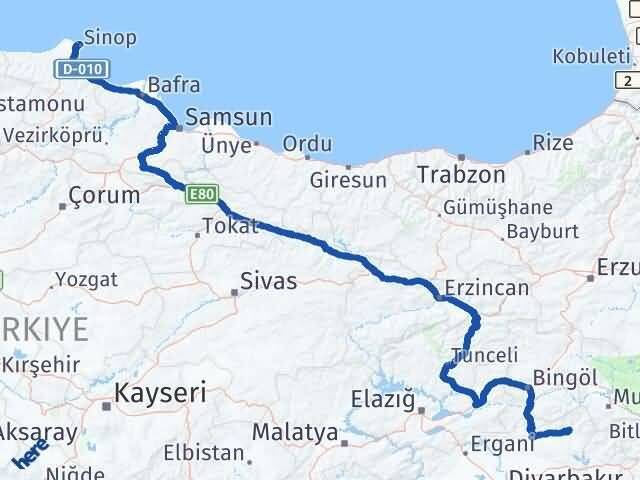 Sinop Kulp Diyarbakır Arası Kaç Km - Yol Haritası