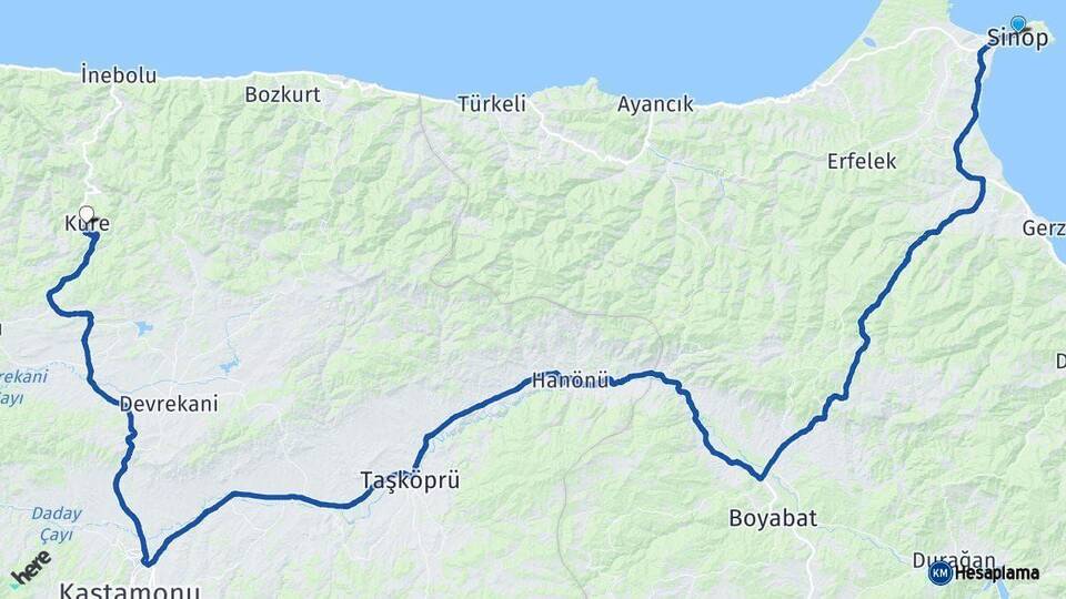 Sinop Küre Kastamonu Arası Kaç Km - Yol Haritası