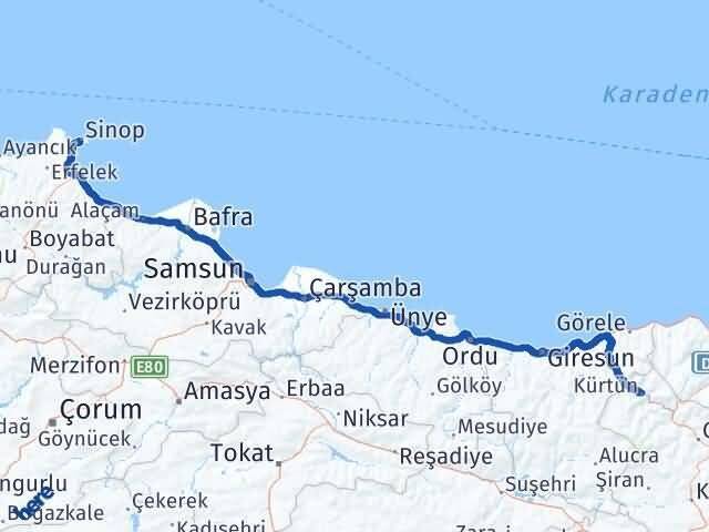 Sinop Kürtün Gümüşhane Arası Kaç Km - Yol Haritası
