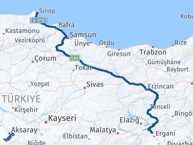 Sinop Maden Elazığ Arası Kaç Km - Yol Haritası