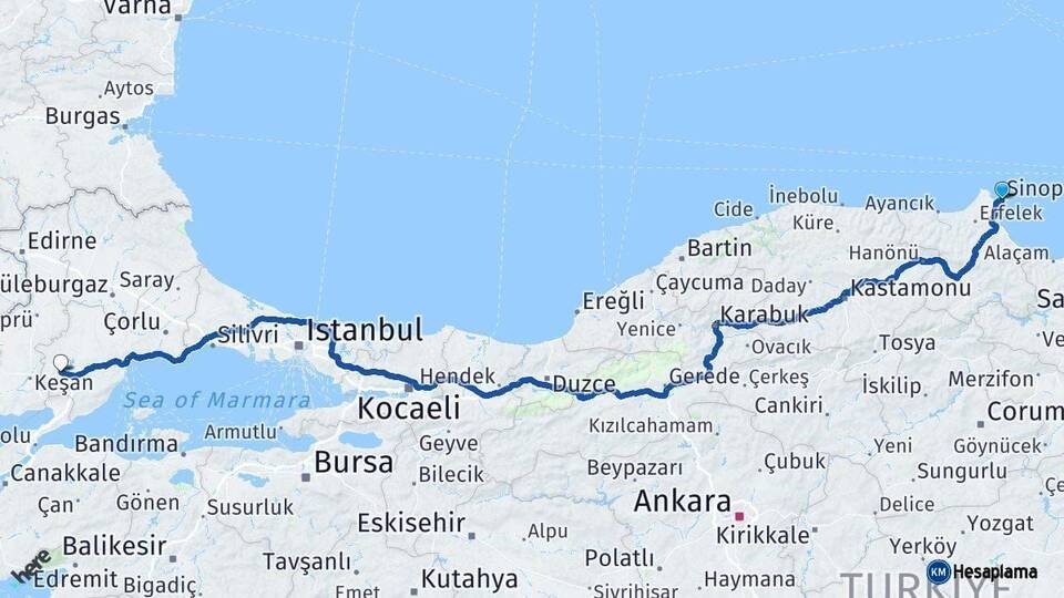 Sinop Malkara Tekirdağ Arası Kaç Km - Yol Haritası
