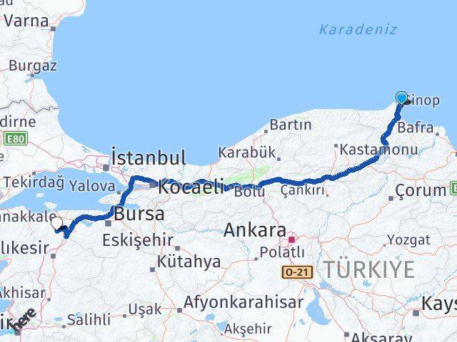 Sinop Manyas Balıkesir Arası Kaç Km - Yol Haritası