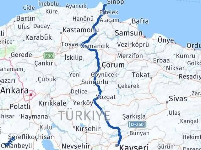 Sinop Melikgazi Kayseri Arası Kaç Km - Yol Haritası