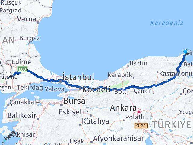 Sinop Meriç Edirne Arası Kaç Km - Yol Haritası