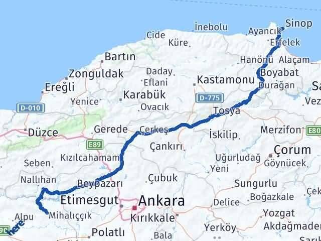 Sinop Mihalıççık Eskişehir Arası Kaç Km - Yol Haritası