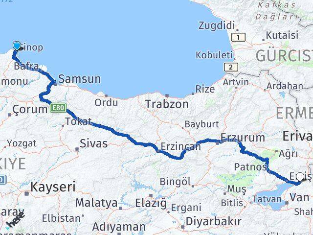 Sinop Muradiye Van Arası Kaç Km - Yol Haritası