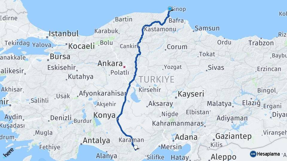Sinop Mut Mersin Arası Kaç Km - Yol Haritası