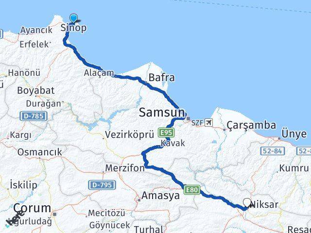 Sinop Niksar Tokat Arası Kaç Km - Yol Haritası