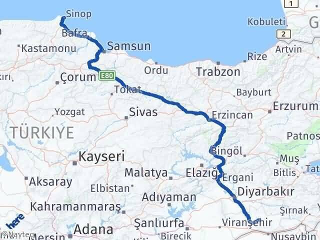 Sinop Ömerli Mardin Arası Kaç Km - Yol Haritası