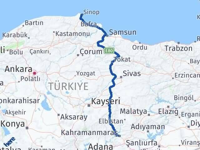 Sinop Onikişubat Kahramanmaraş Arası Kaç Km - Yol Haritası
