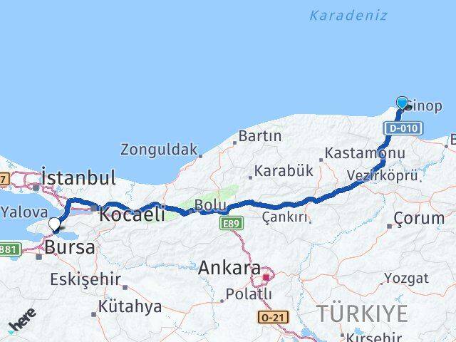 Sinop Orhangazi Bursa Arası Kaç Km - Yol Haritası