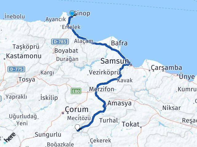 Sinop Ortaköy Çorum Arası Kaç Km - Yol Haritası