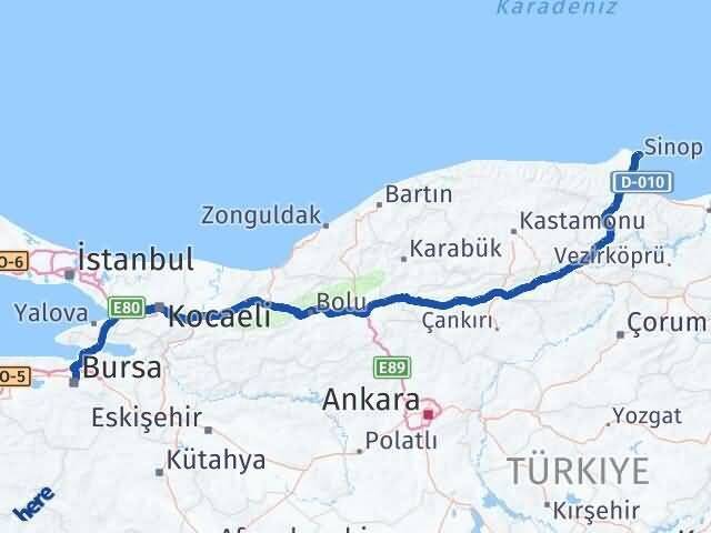 Sinop Osmangazi Bursa Arası Kaç Km - Yol Haritası