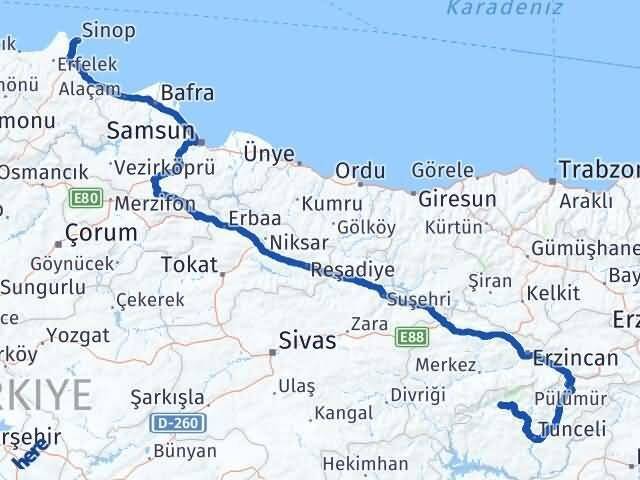Sinop Ovacık Tunceli Arası Kaç Km - Yol Haritası