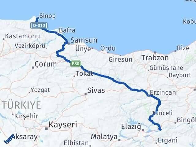 Sinop Palu Elazığ Arası Kaç Km - Yol Haritası