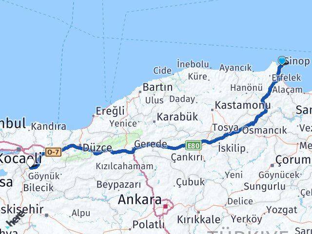 Sinop Pamukova Sakarya Arası Kaç Km - Yol Haritası