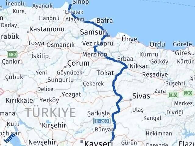 Sinop Pınarbaşı Kayseri Arası Kaç Km - Yol Haritası