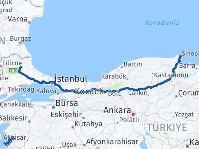 Sinop Pınarhisar Kırklareli Arası Kaç Km - Yol Haritası