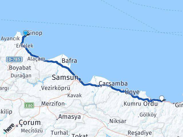 Sinop Piraziz Giresun Arası Kaç Km - Yol Haritası