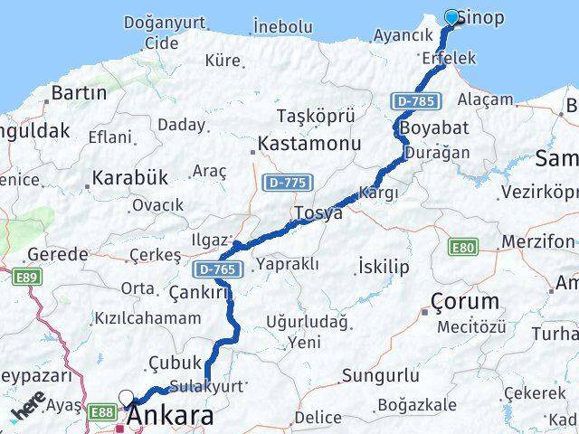 Sinop Pursaklar Ankara Arası Kaç Km - Yol Haritası