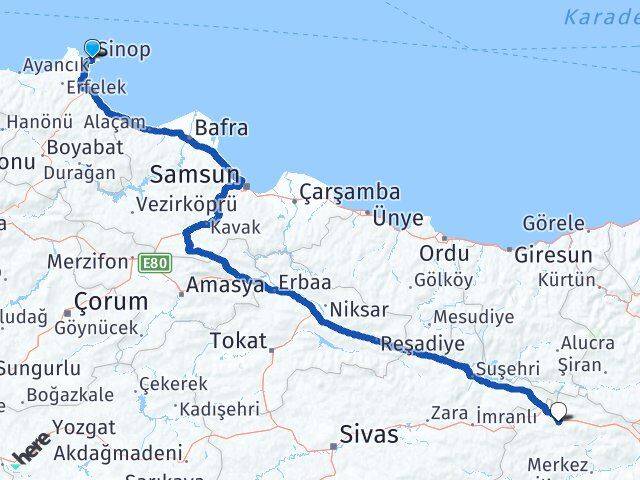 Sinop Refahiye Erzincan Arası Kaç Km - Yol Haritası