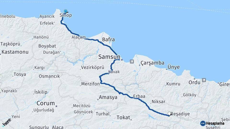 Sinop Reşadiye Tokat Arası Kaç Km - Yol Haritası
