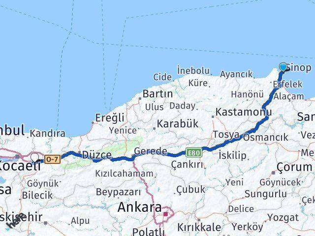 Sinop Sapanca Sakarya Arası Kaç Km - Yol Haritası