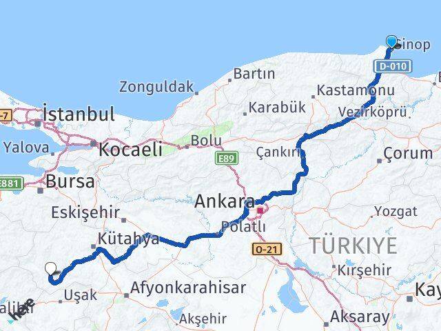 Sinop Şaphane Kütahya Arası Kaç Km - Yol Haritası