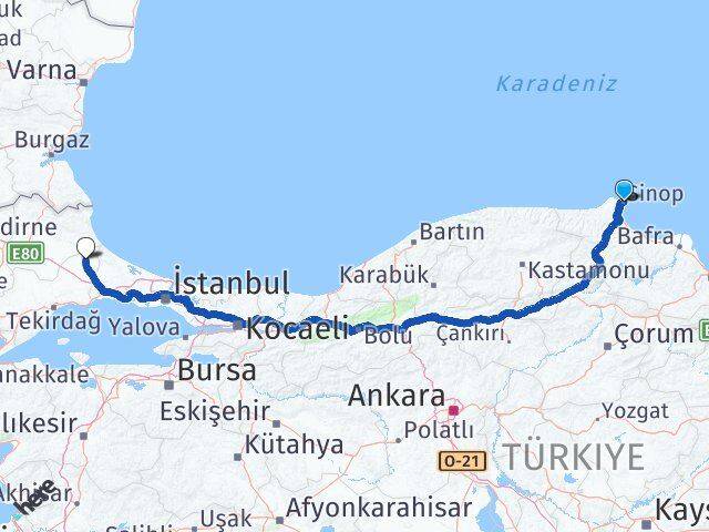 Sinop Saray Tekirdağ Arası Kaç Km - Yol Haritası