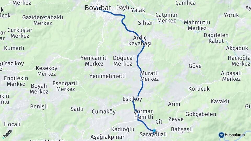 Sinop Saraydüzü Boyabat Arası Kaç Km - Yol Haritası