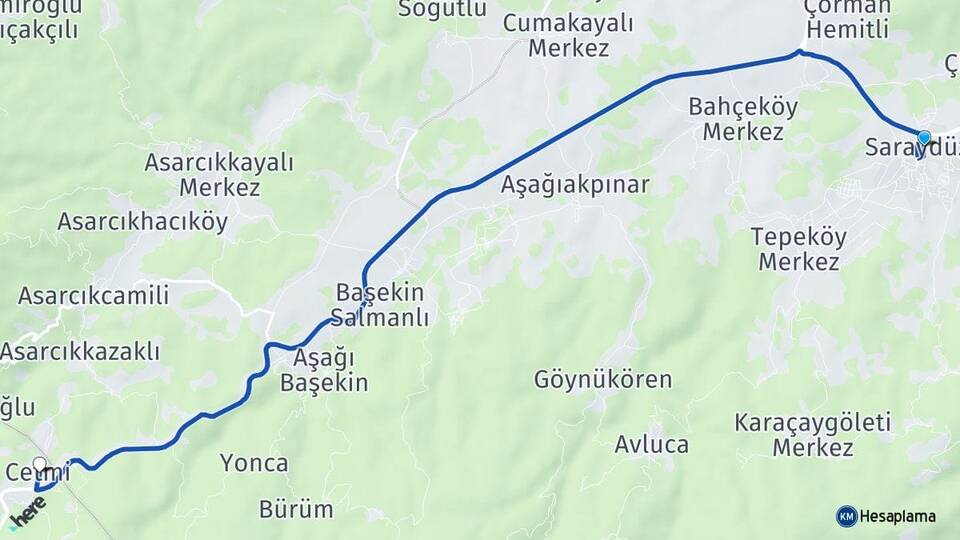 Sinop Saraydüzü Çetmi Kargı Çorum Arası Kaç Km - Yol Haritası